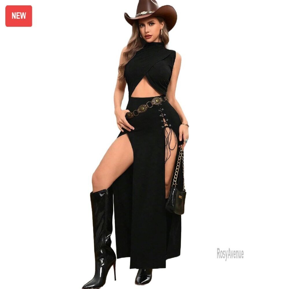 Sleeveless Long Dress with Side Slit Cut Out Cinched Waist High Neck